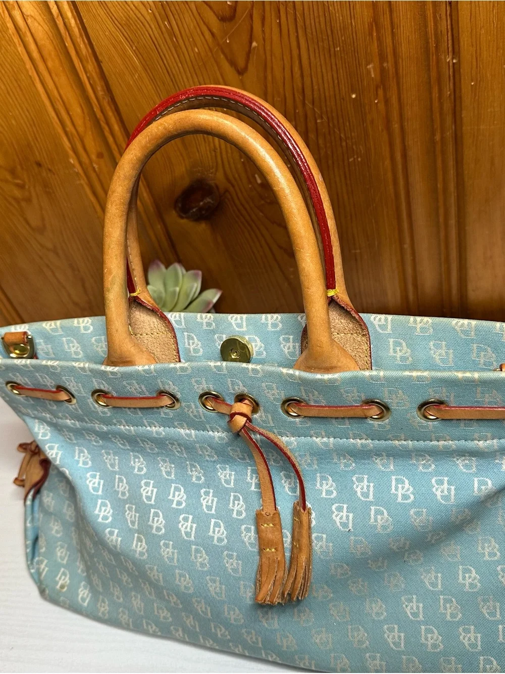 Dooney & Bourke Light Blue Monogram Drawstring Tote with Tan Trim
